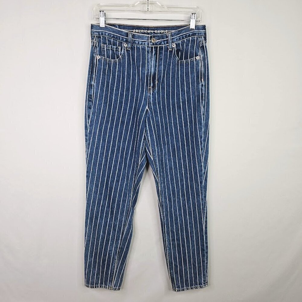 Women's AMERICAN EAGLE Jeans size 4 MEDIUM WASH BLUE Stripes High Rise Retro Mom - Picture 2 of 8